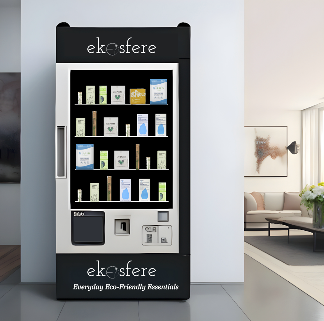 an ekosfere vending machine rendered in a student lounge area at a college